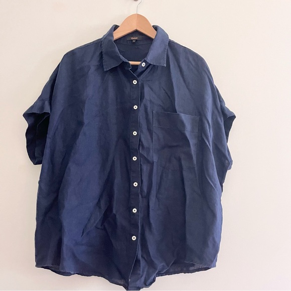 Quince Tops - Quince 100% Linen Navy Blue Button Down Women’s XL Short Sleeve Boxy Boyfriend